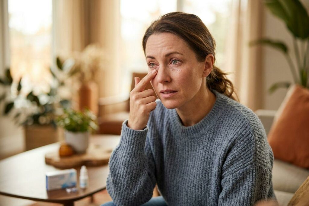 Concerned adult sitting in a living room touching near their right eye. A small bottle and box are on the coffee table in front of them.