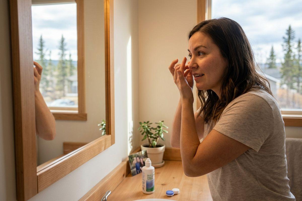 A focused adult looks into a bathroom mirror while inserting a contact lens into their eye. A lens case and solution sit on the wooden counter.