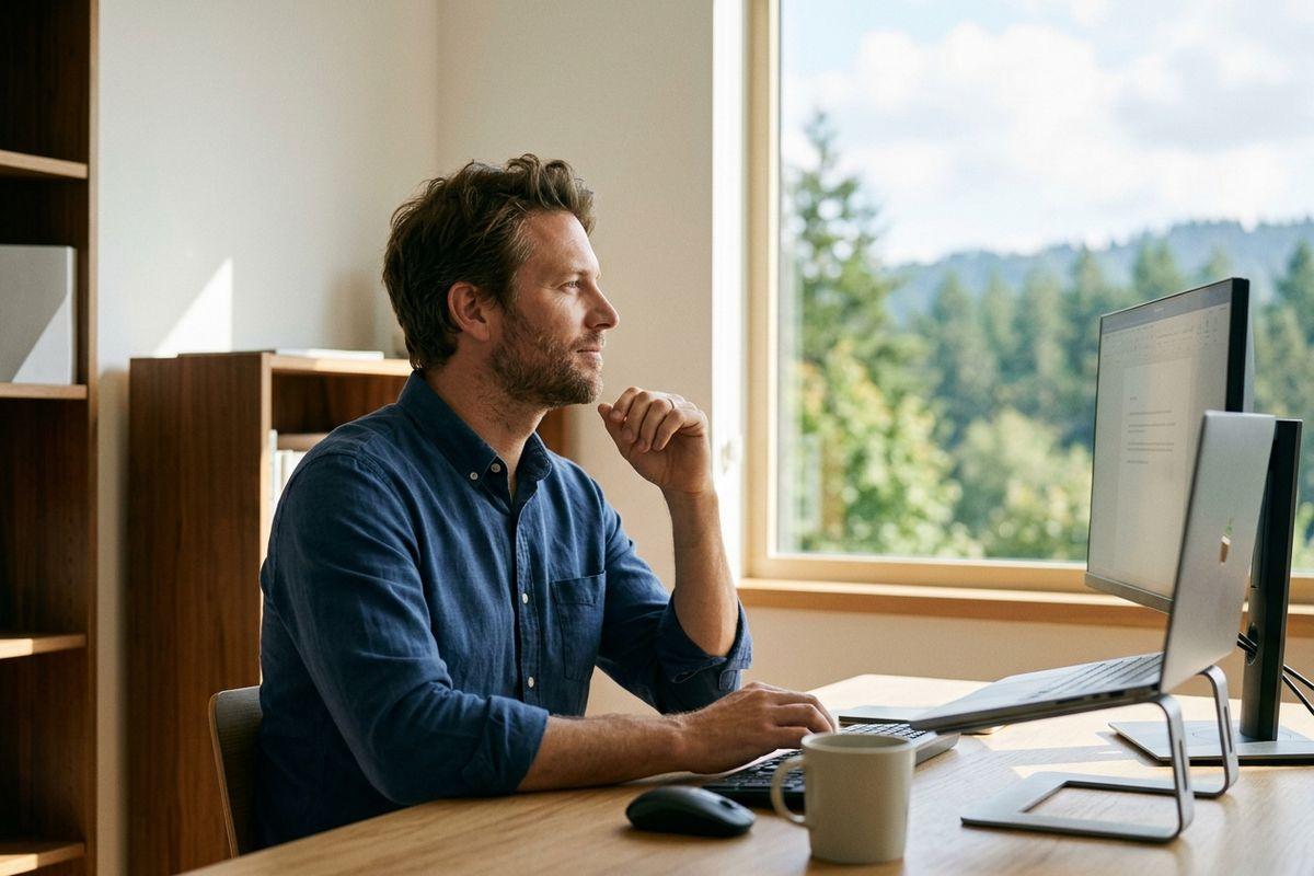 Person at a desk with hand on chin, looking at a computer monitor near a window with a forest view.