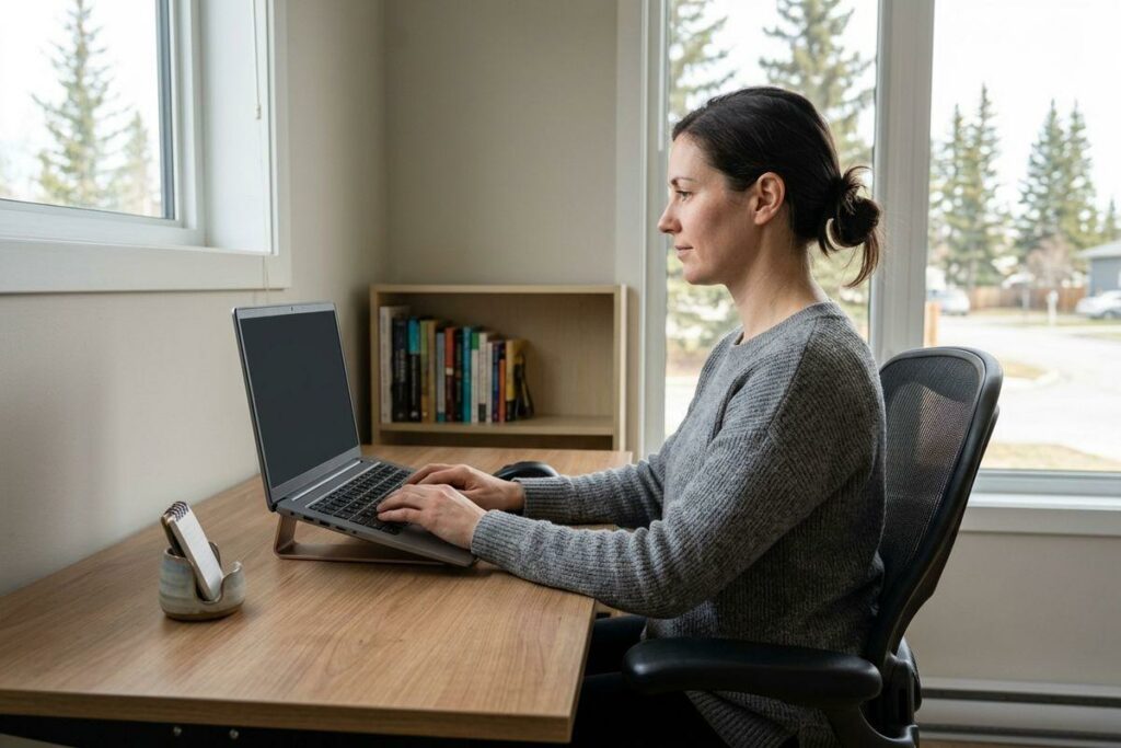 Person typing on a laptop at a wooden desk by a window, seated in an office chair.