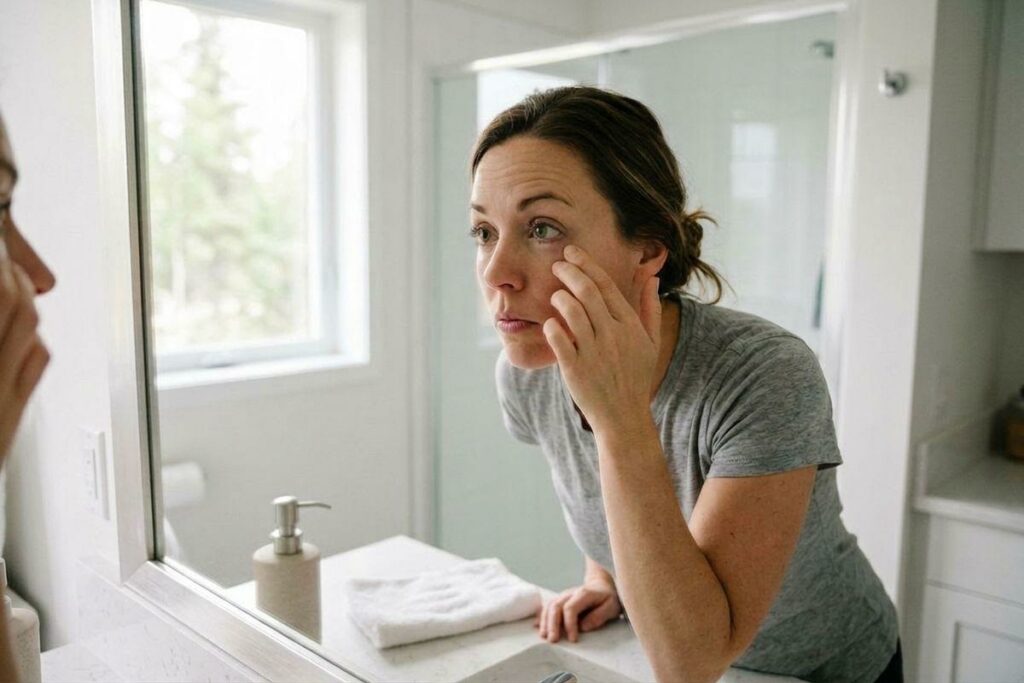 Adult examining skin under eye in bathroom mirror, leaning toward the glass with a focused expression.