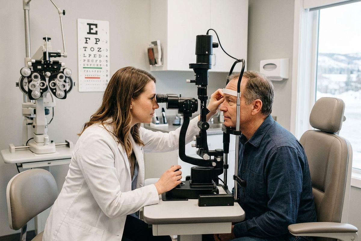 Optometrist examines a patient's eyes using a slit lamp in an exam room with an eye chart on the wall.