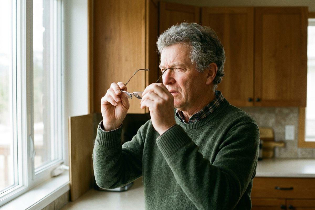 Older adult squinting and holding eyeglasses up to inspect them near a kitchen window, expression focused.