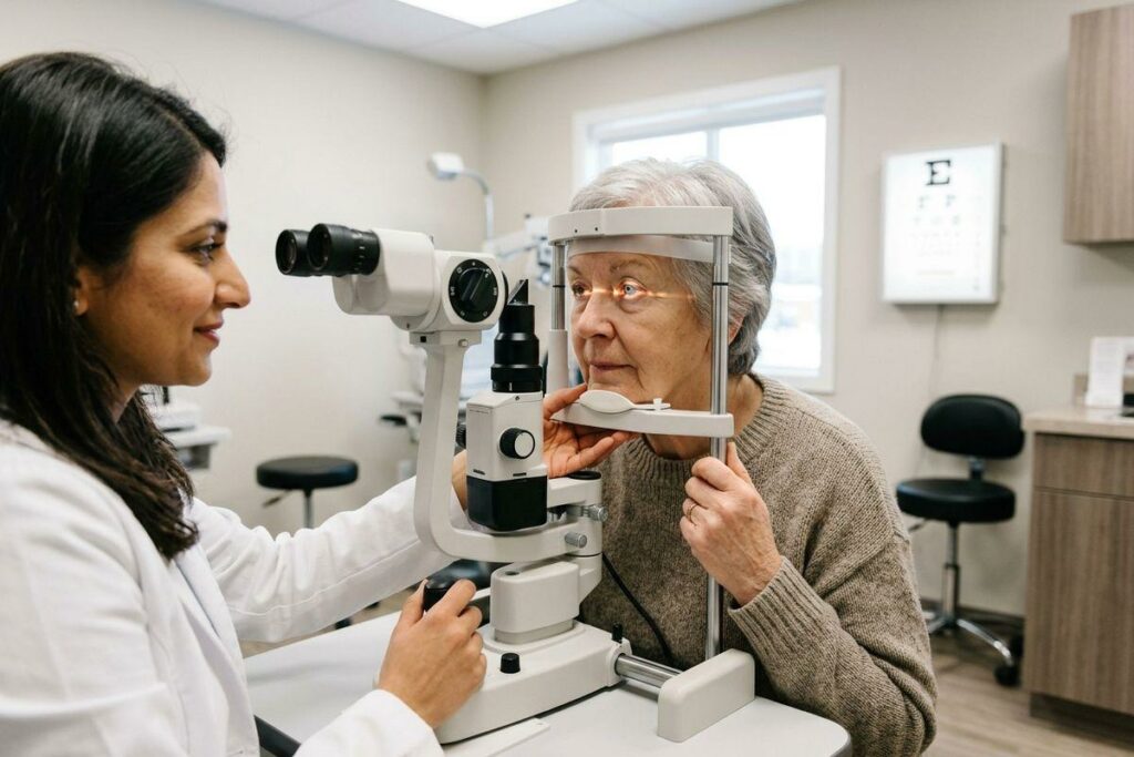 Optometrist smiling, using a slit lamp to examine an older adult's eye in an eye exam room with an eye chart on the wall.